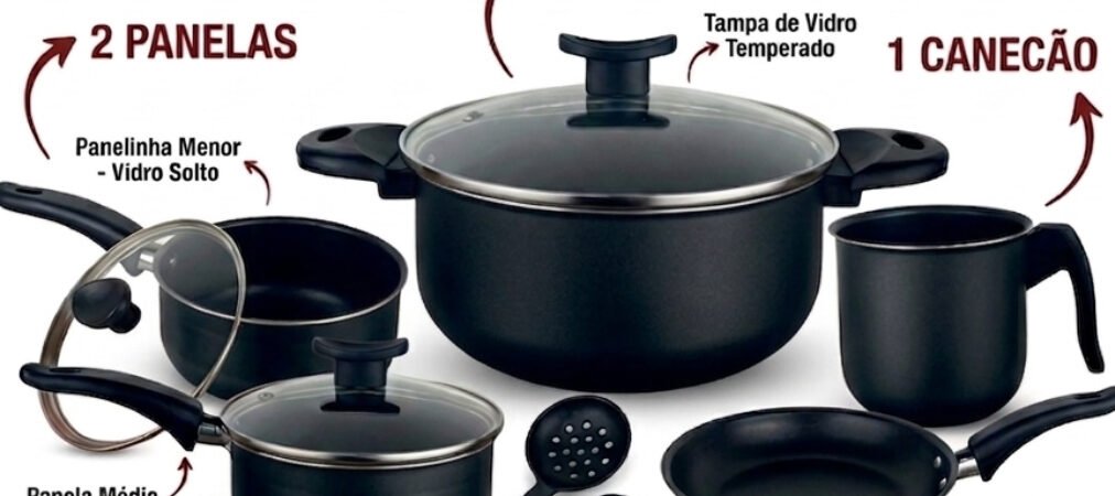 Jogo de panelas com 8 peças – Antiaderente – Preto ou Cereja (Jogo de panelas)