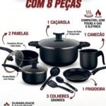 Jogo de panelas com 8 peças - Antiaderente - Preto ou Cereja (Jogo de panelas)